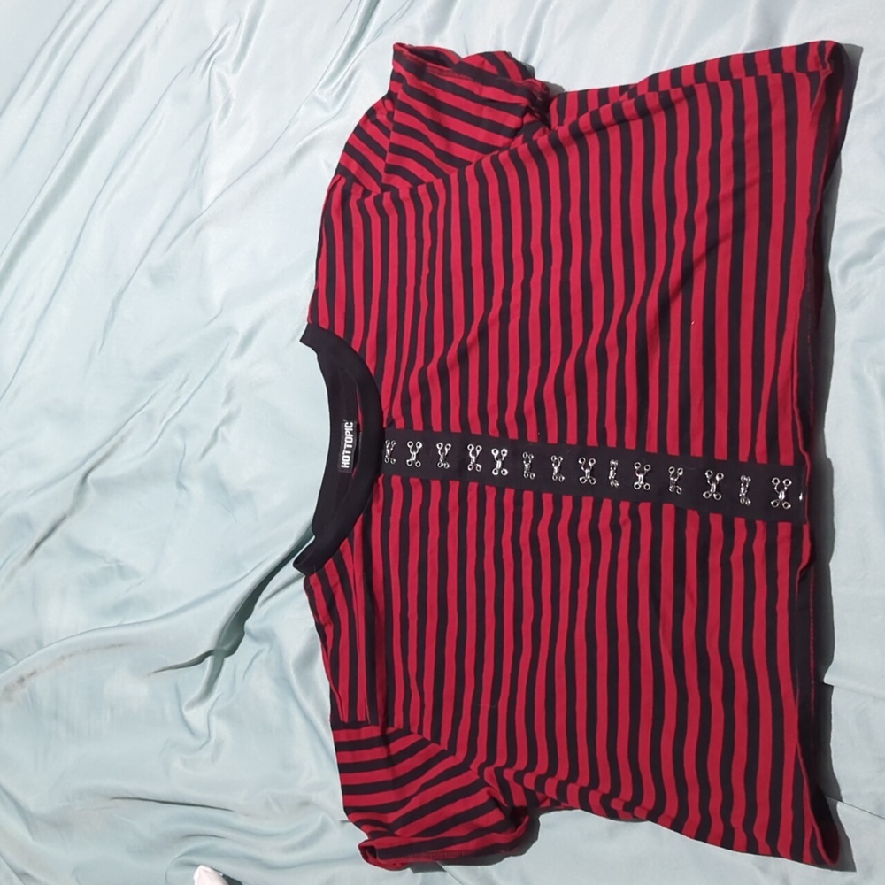 Goth red and black striped crop top with clips size large